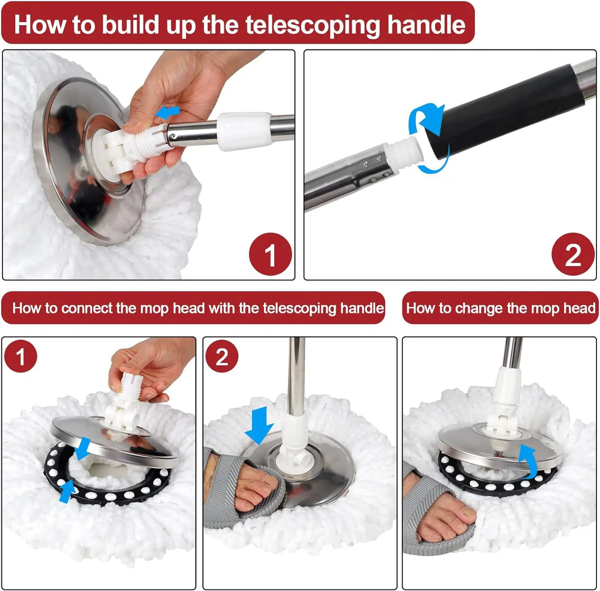360° Spin Mop Bucket Sets with Wring System in 3 Microfiber Heads