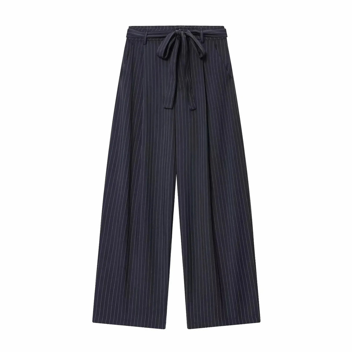 Women Fashion 2-Piece Set Single-breasted Sleeveless V-Neck Pinstripe Vest+Summer Pleated Loose Pocket Belt Zipper Pants