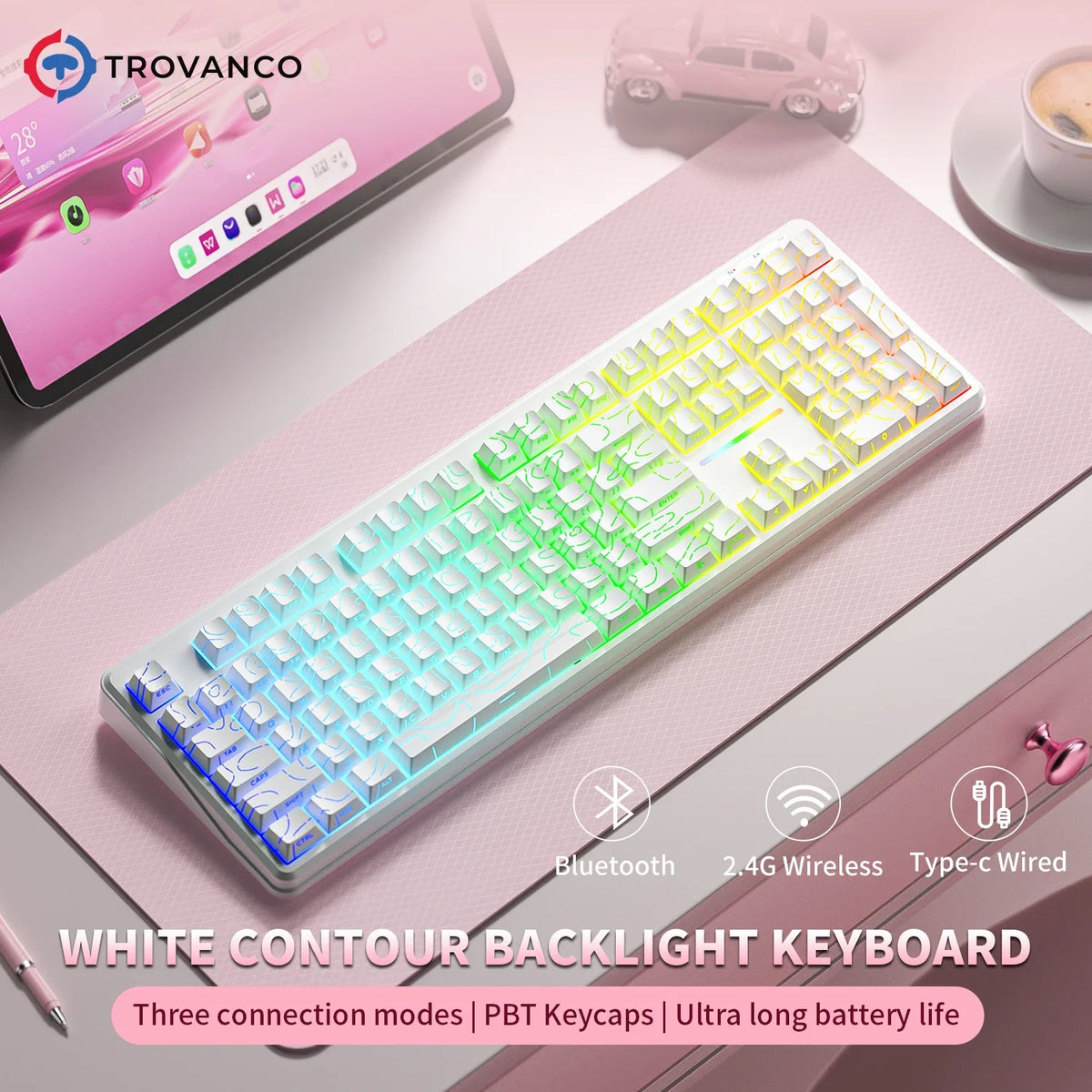 V108 Bluetooth Keyboard Office Low Noise 2.4G Wired&Wireless Full Layout with RGB Backlit Membrane