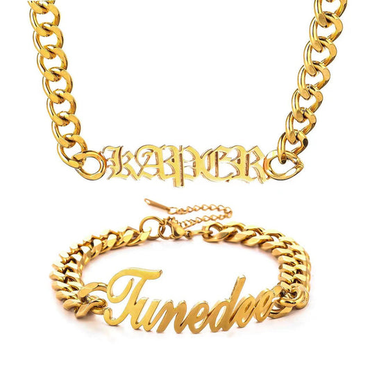 Personalized stainless steel Cuban necklace and bracelet set
