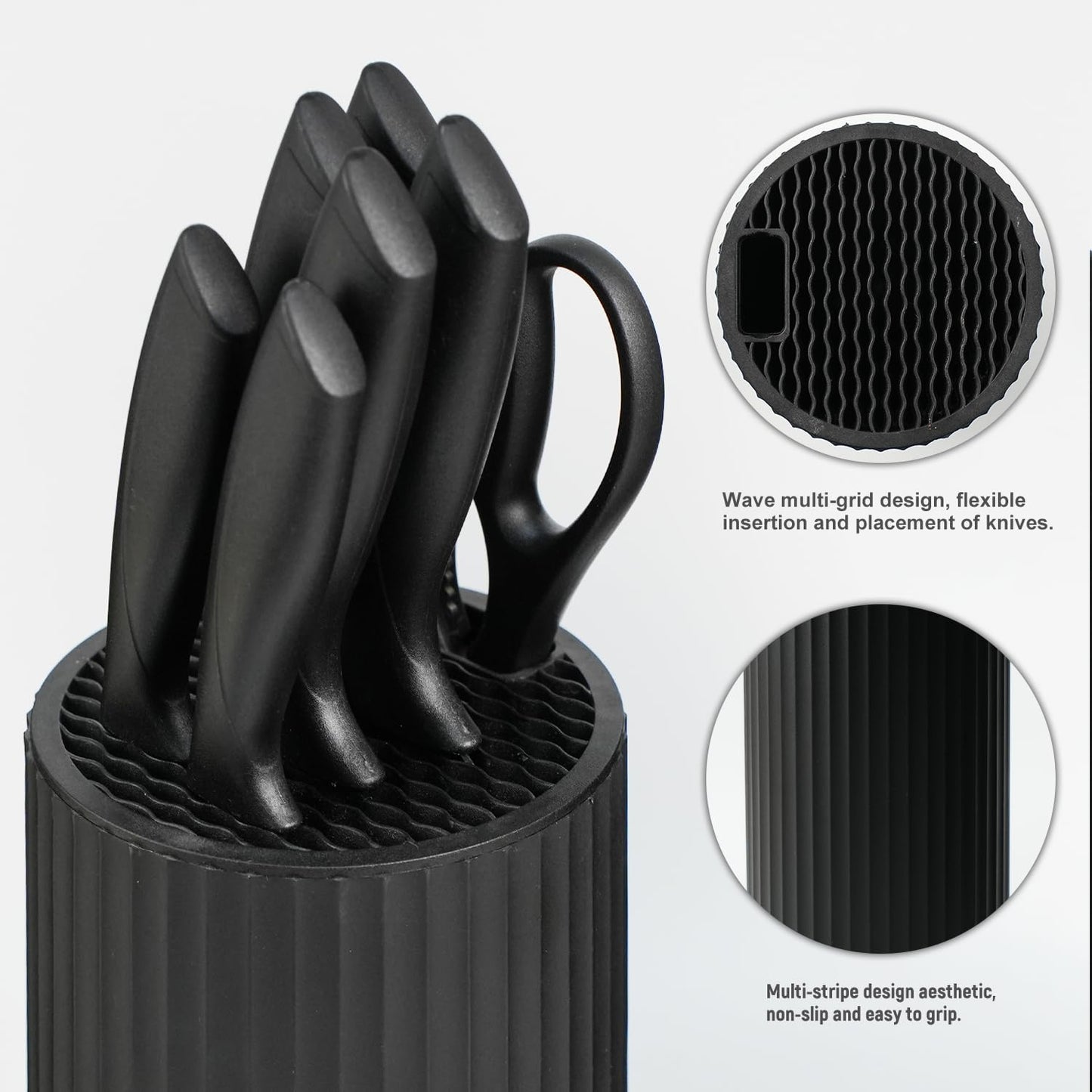 NULAS Knife Set, 8-Piece Kitchen Knife Set with Universal Block - Anti-Rust Chef Knives, Ergonomic Design, Dishwasher Safe (Black)