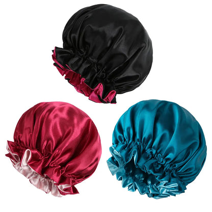 3pcs Reversible Elegant Satin Sleep Bonnets with Ruffled Design