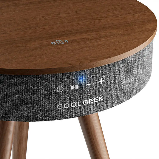 CoolGeek R1 Bluetooth Speaker Side Table with Wireless Charging, Natural Wood Smart Nightstand, 5.3 Bluetooth HiFi Stereo Sound,