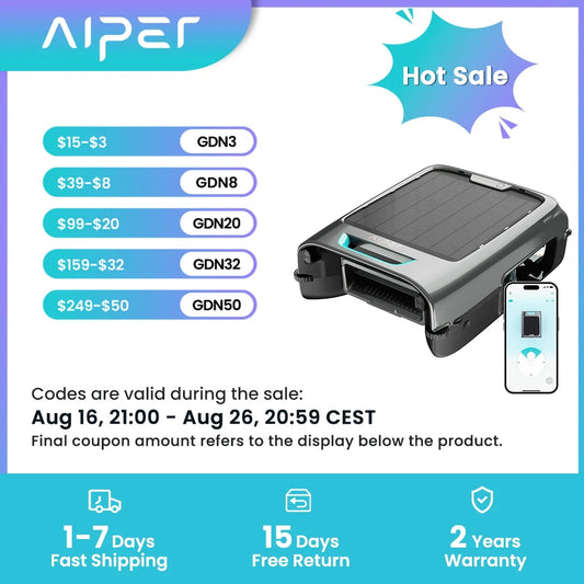 Refurbished AIPER EcoSurfer S2 Solar Powered Pool Surface Skimmer Robot with APP Support, 24/7 Continuous Cleaning, Dual Charging Modes, Smart Obstacle Avoidance, 150-um Filtration, OTA Upgrade