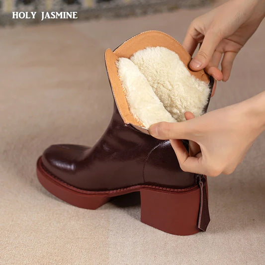 2022 Winter New Women Boots Women Shoes Round Toe Square Heel Real Wool Thick Heel Short Boots Solid Color Womens Platform Heels