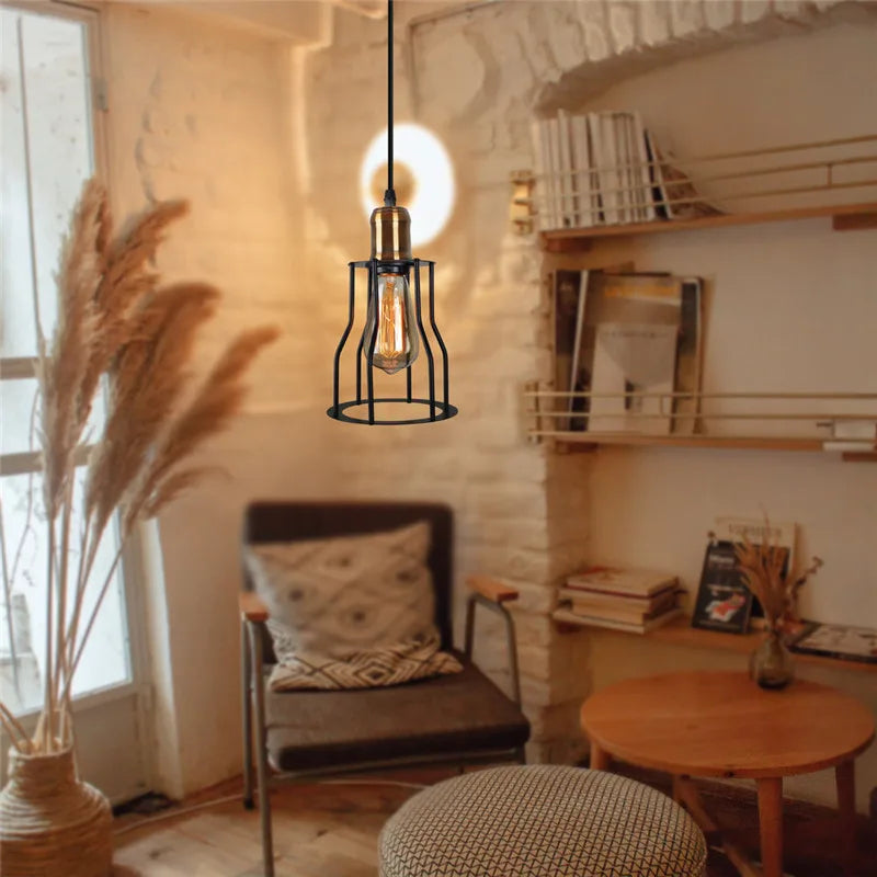 DecorBites™ Industrial Nordic Cage Pendant Light, Black Iron Retro Loft Hanging Lamp