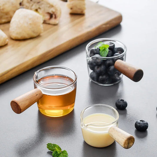 DecorBites™ Glass Espresso Measuring Cup with Wood Handle, Milk Jug for Coffee & Sauce