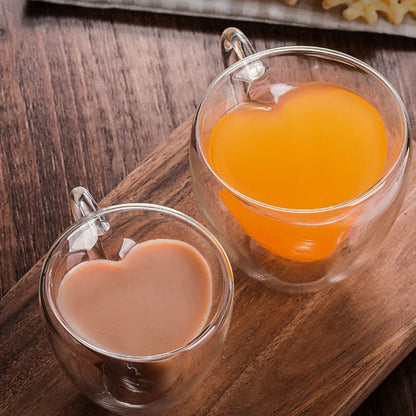 DecorBites™ Heart-Shaped Double Glass Mug | Romantic Couple Cups for Tea, Coffee