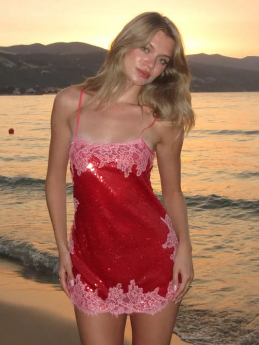 Vintage Floral Lace Spaghetti Strap Mini Dress Sexy Color-Block Lace Trim Thin Strap Dress 2026 Birthday Date Vacation Outfit