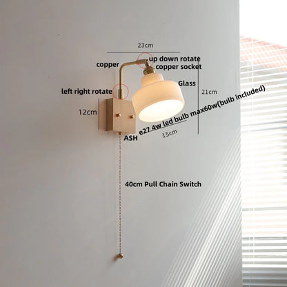 DecorBites™ Glass Pink LED Wall Sconce, Pull Chain Switch, Walnut Wood Bedside Lamp