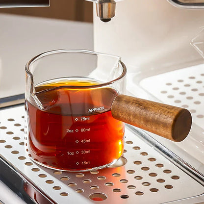 DecorBites™ Glass Espresso Measuring Cup with Wood Handle, Transparent Milk Jug