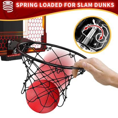 Mini Indoor Basketball Hoop with 7 LED Lights Scoreboard 3 Play Modes Adjustable Volume over Door Foldable for Kids Adults