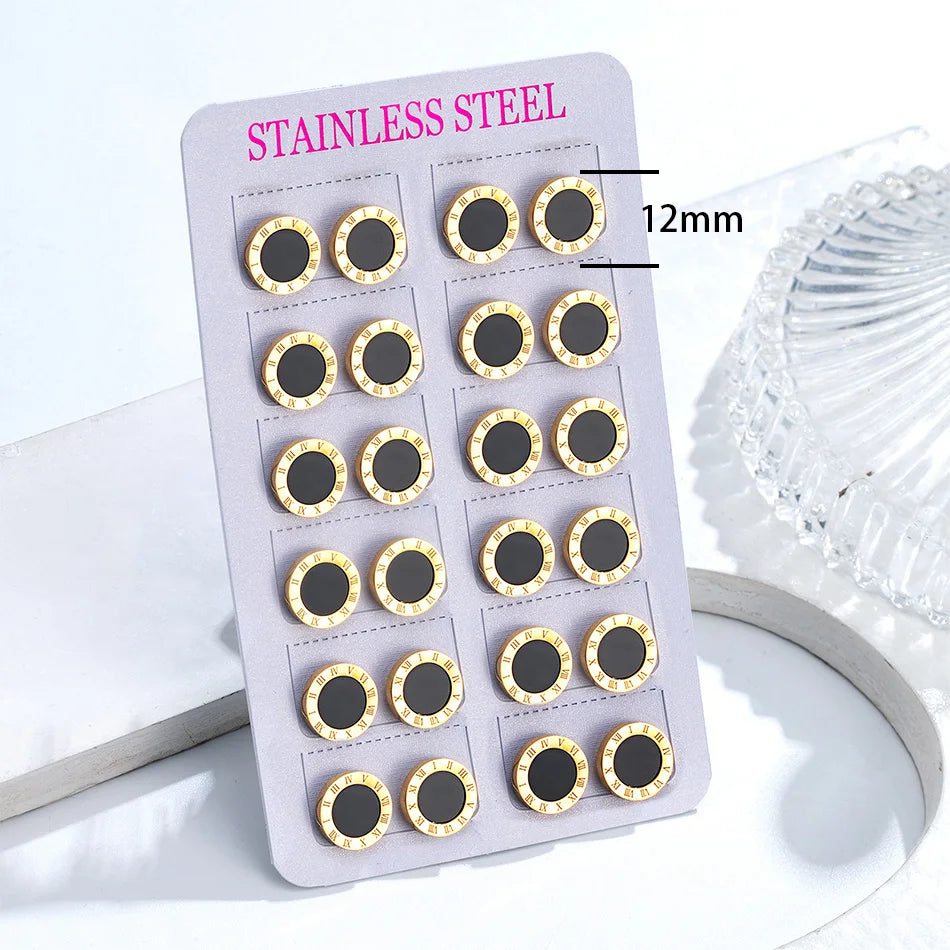 12 Pairs Pack Stainless Steel Round Shape Cubic Zircon Roman Numeral