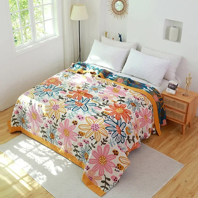 DecorBites™ Japanese Cotton Gauze Flower Blanket: Soft and Breathable Summer Throw
