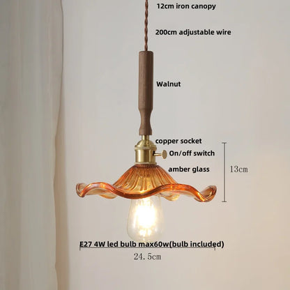 DecorBites™ Glass LED Pendant Lamp Walnut Wood Copper Switch Nordic Hanging Light