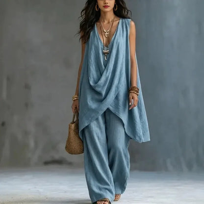 Summer Linen Cotton Sleeveless Stand Collar Set Women Casual Loose Fit