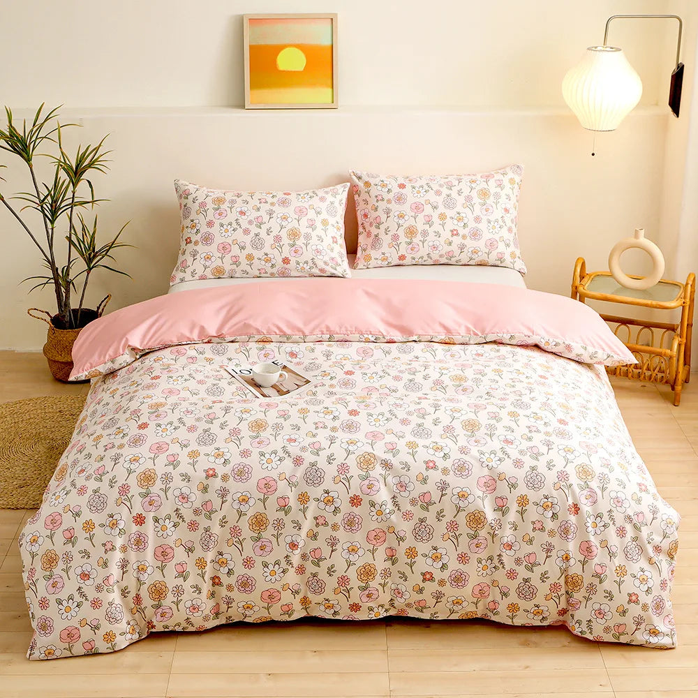 DecorBites™ Green Flower Print Bedding Set with 2 Pillowcases - Queen/King Size