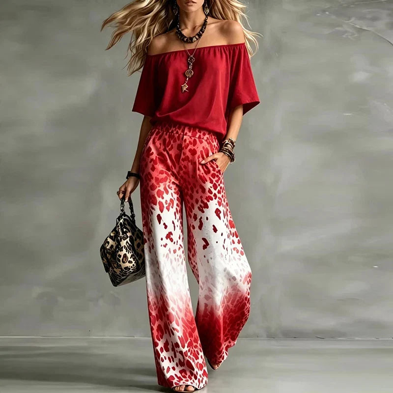 Vintage Printed One Shoulder Short Sleeve Women T-Shirts Pocket High Waist Wide Leg Pants Suit Women Casual Two Piece Set