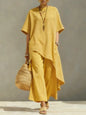 Women Cotton Linen Pant Sets 2 Pieces Casual Half Sleeve Solid Loose Irregular Blouse Elastic Waist Wide Leg Full Trousers Suits