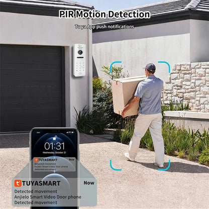 ANJIELO 4‑Wire Tuya Smart Video Door Phone Intercom System PIR Motion Detect Two‑Way Audio Password Unlock Home Villa Security