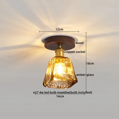 DecorBites™ Green Glass LED Ceiling Lamp Nordic Wood Copper Ceiling Lights