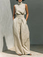 Women's Solid Color 2 Piece Set Sleeveless High Neck Top Back Keyhole High Waist Wide Leg Pants Casual Minimalist Summer Outfit