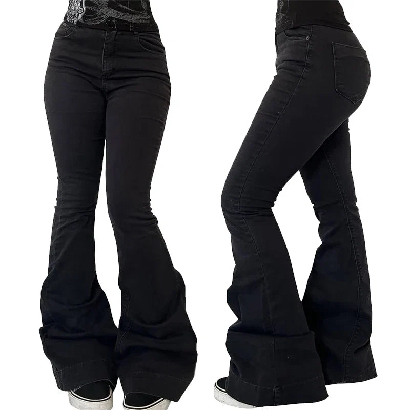 Women's Concise High Waist Flared Jeans Stretchy Slim Fit Casual Chic