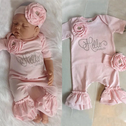 0-18months Baby Girls Romper With Headband Solid Pink Summer Short Sleeve Flowers Jumpsuit For Infant Girls