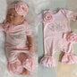 0-18months Baby Girls Romper With Headband Solid Pink Summer Short Sleeve Flowers Jumpsuit For Infant Girls