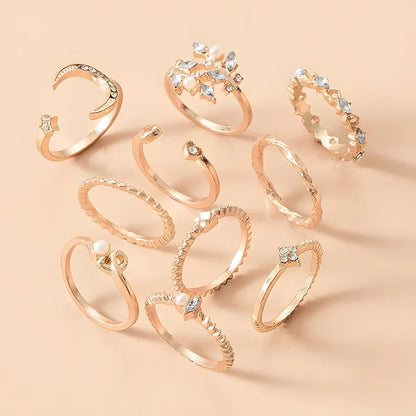 10pcs Rings Suit for Women Gold-Color Chain Ring Set Bohemian Style
