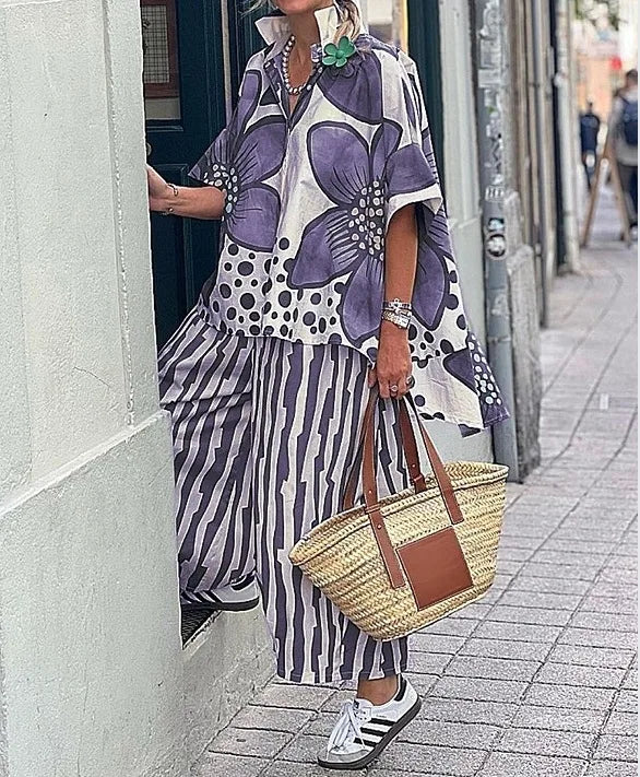 2 Piece Sets Women Summer Print Loungewear Long Pants Sets Vintage