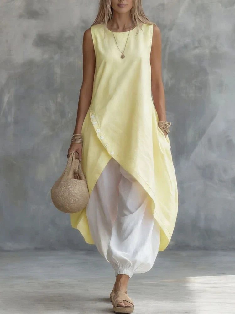 Casual Women Summer 2PCS Matching Set O-Neck Irregular Long Shirt
