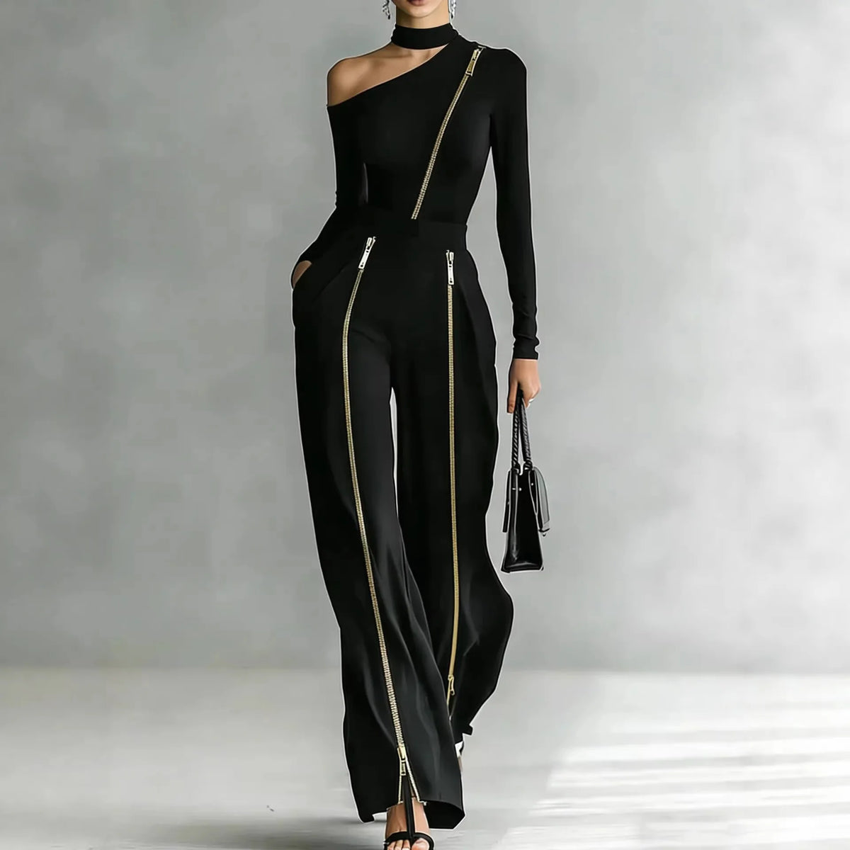 Women's Two-piece Slim-fit Long-sleeved Double-zipper Wide-leg Pant 2026 Spring Elegant Fashion Stand-up Collar Solid Color Suit