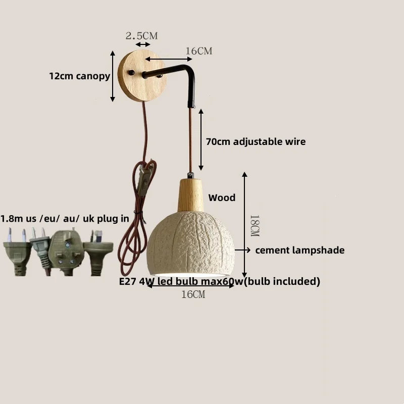 DecorBites™ Japanese Style LED Wall Light Cement Bedside Lamp with Pull Chain Switch