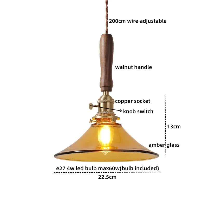 DecorBites™ Green Glass LED Pendent Lamps, Walnut Copper Modern Hanging Light Fixtures