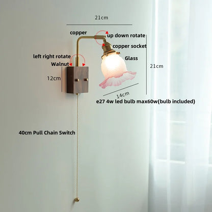 DecorBites™ Glass Pink LED Wall Sconce, Pull Chain Switch, Walnut Wood Bedside Lamp