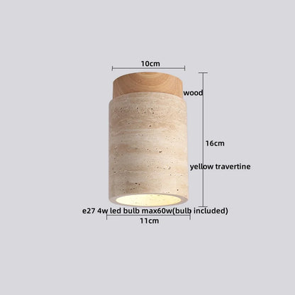 DecorBites™ Japan Style LED Ceiling Light Yellow Travertine Stone Wood Base Bedroom Luminaire.