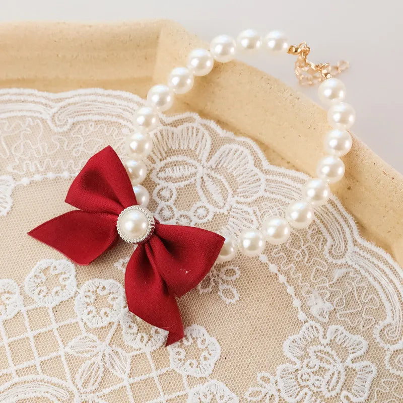 1Pcs New Pet Collar Pearl Bow Necklace Cat Jewelry Cute Collar Puppy Accessories Dog Chain Chihuahua Wedding Jewelry Stuff