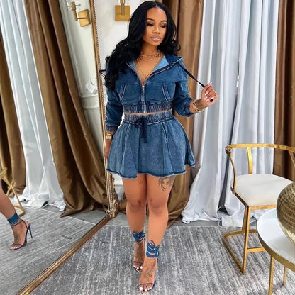 Autumn Women's Clothing Matching Sets Long Sleeve Denim Jacket Short
