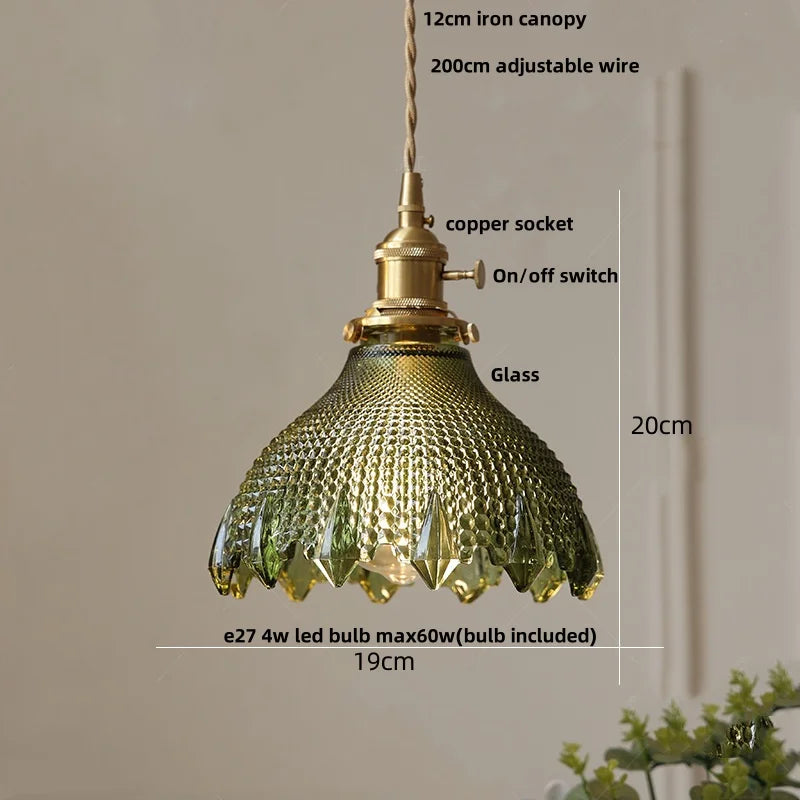DecorBites™ Green Glass LED Pendant Lights with Walnut Wood Hanging Lamp