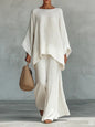 Women's Elegant Loose Round Neck Top Wide Leg Pants Set Casual Simple Long Sleeve Solid Color Two-Piece Set