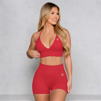 Bum 2PCS Seamless Yoga Set Women Blossom Bra + V-Back Shorts Gym