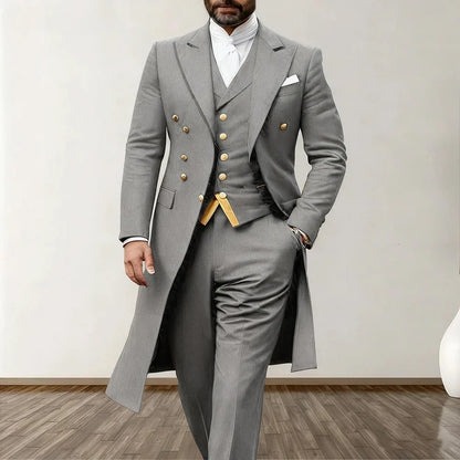 Blue Men Wedding Suits 3 Piece Long Blazer Vest Pants Satin One Button