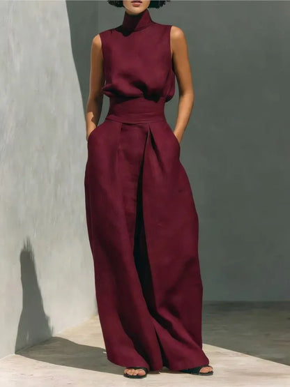 Casual Solid Cotton Linen Two-Piece Set for Women Sleeveless
