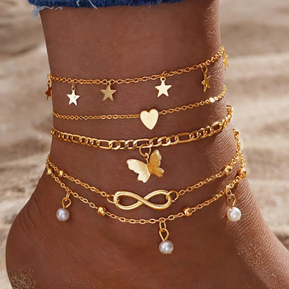 Bohemia Butterfly Anklet Set for Women Star Heart Pearl Charm Ankle