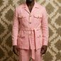 Mens Off White Linen Safari Suits 2 Piece Notched Lapel Prom Suit with Belt Gold Buttons Multi Pockets Beach Summer Wedding