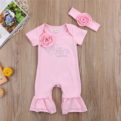 0-18months Baby Girls Romper With Headband Solid Pink Summer Short Sleeve Flowers Jumpsuit For Infant Girls