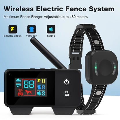 Electronic Pet Fence System 480M GPS Wireless Dog Fence Rechargeable Vibration Shock Sound Remote Control Pet Accessories