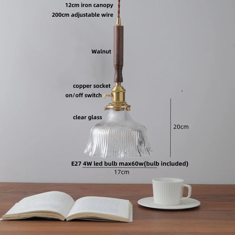 DecorBites™ Glass LED Pendant Lamp Walnut Wood Copper Switch Nordic Hanging Light