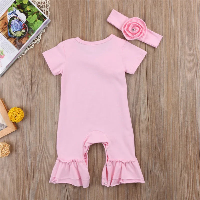 0-18months Baby Girls Romper With Headband Solid Pink Summer Short Sleeve Flowers Jumpsuit For Infant Girls